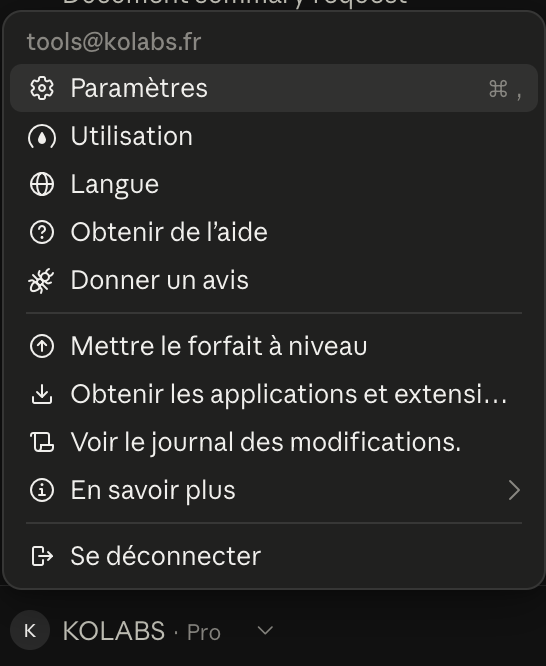 Menu du compte Claude ouvert, avec l'entrée Paramètres en haut