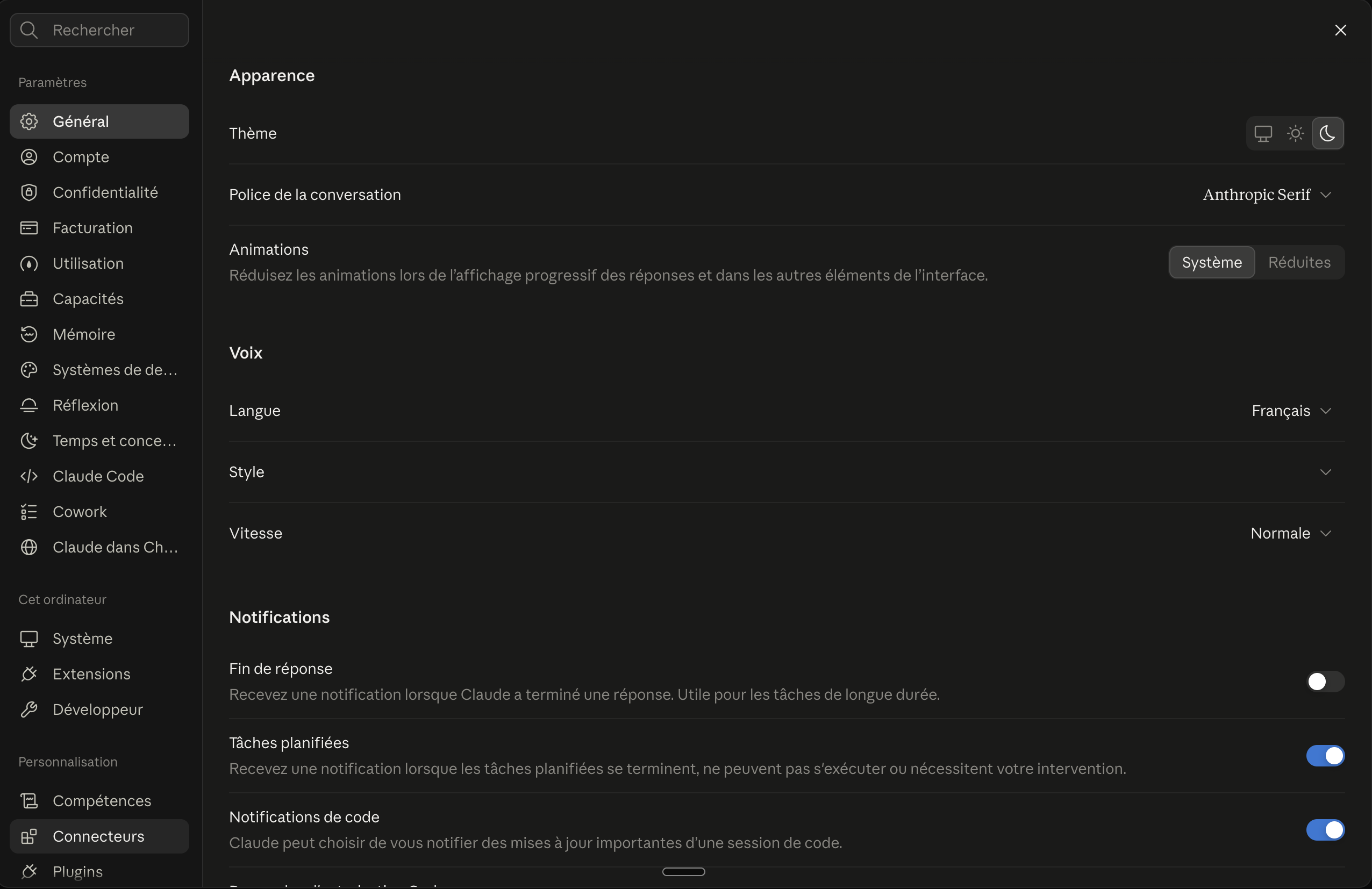 Page Paramètres de Claude, menu Connecteurs en bas à gauche