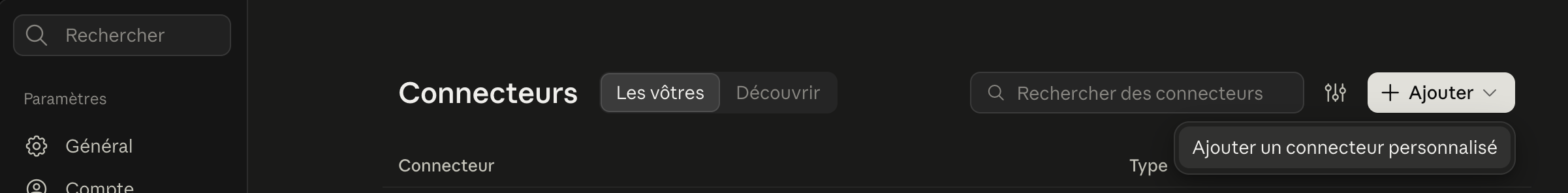 Page Connecteurs, bouton Ajouter ouvert sur Ajouter un connecteur personnalisé