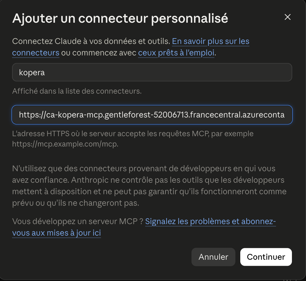 Formulaire Ajouter un connecteur personnalisé rempli avec kopera et l'URL MCP