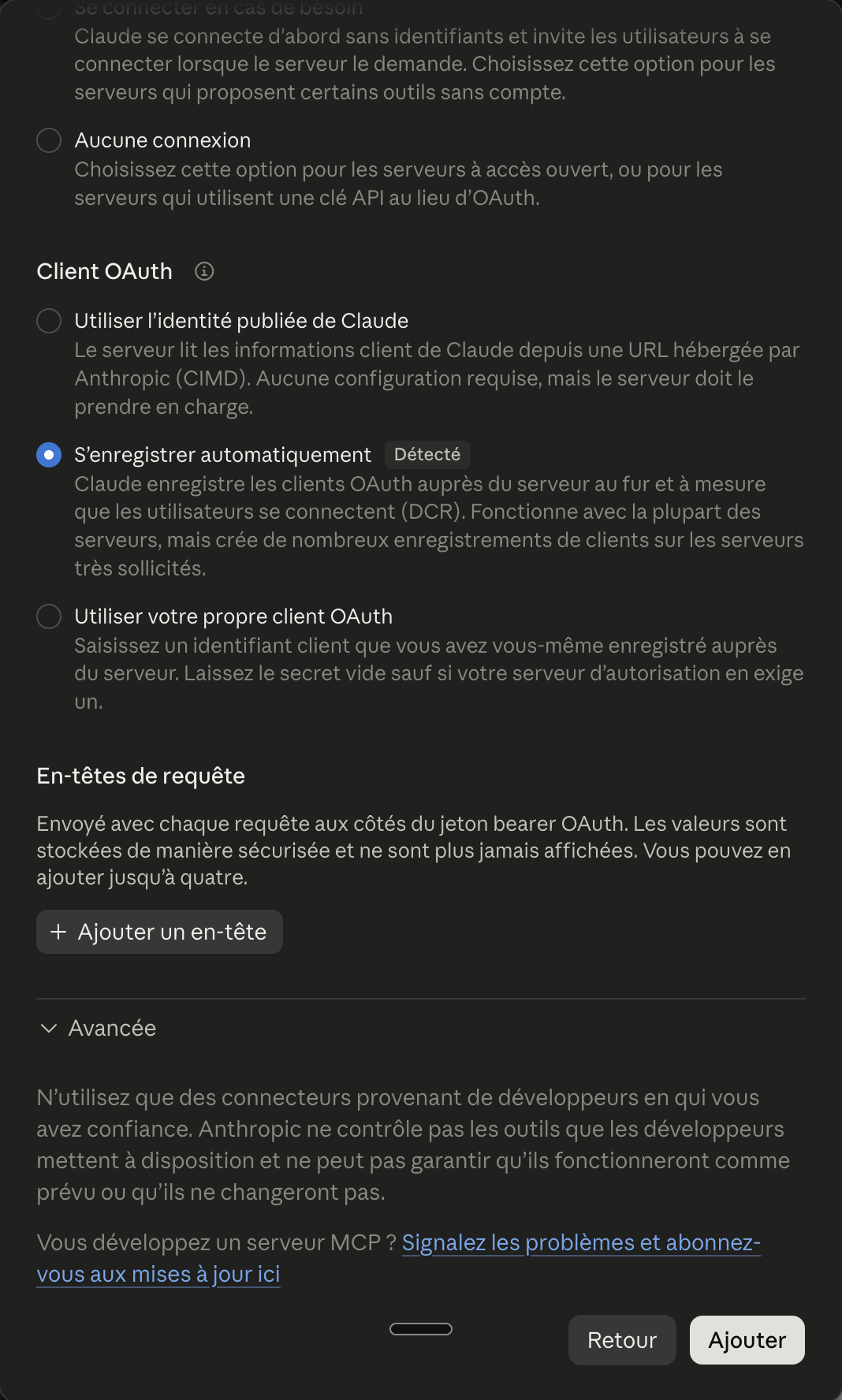 Options de connexion du connecteur, S'enregistrer automatiquement sélectionné, bouton Ajouter