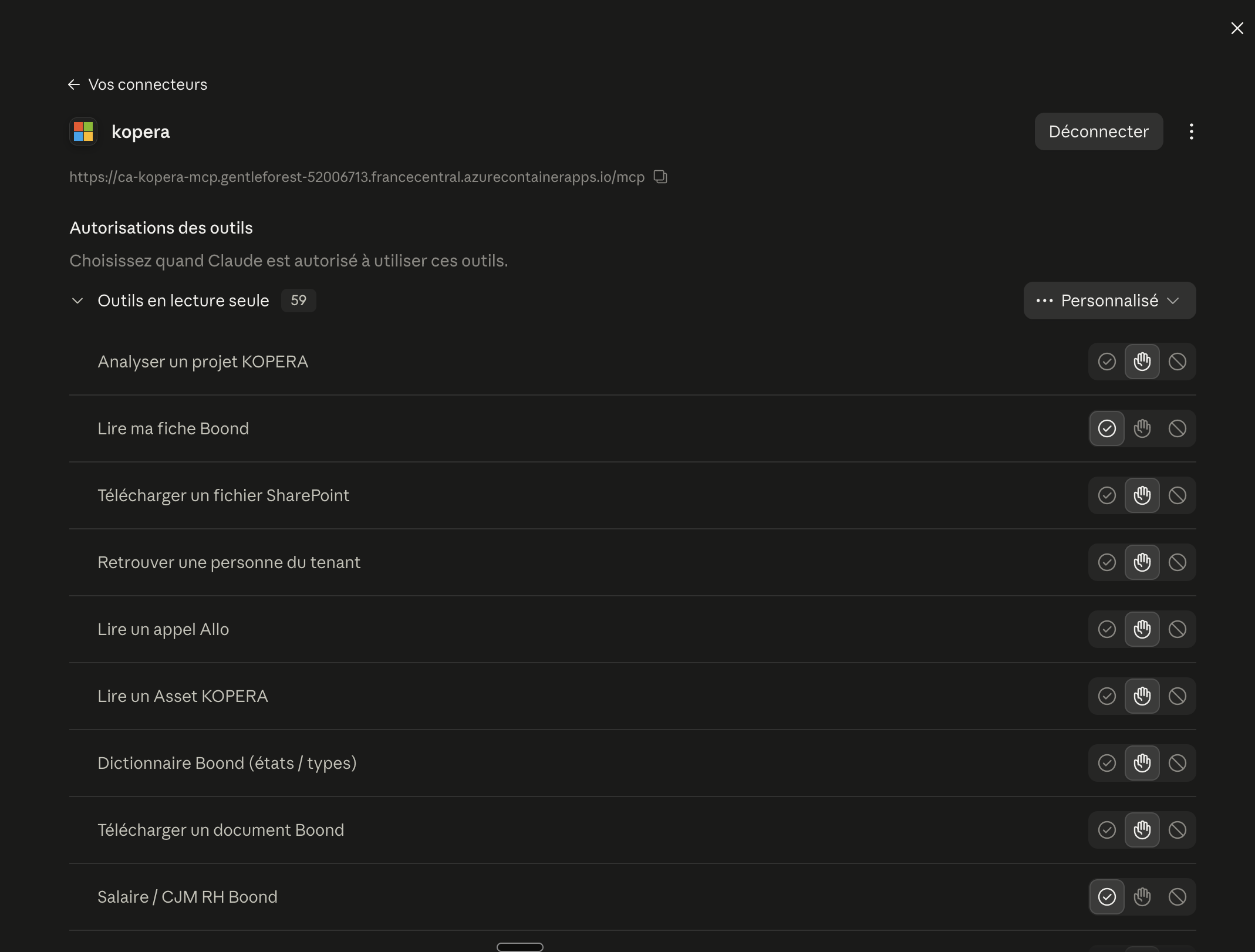 Fiche du connecteur kopera dans Claude avec les autorisations des outils