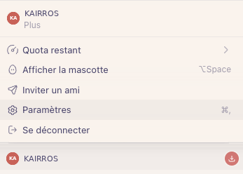 Menu du compte Codex ouvert, avec l'entrée Paramètres