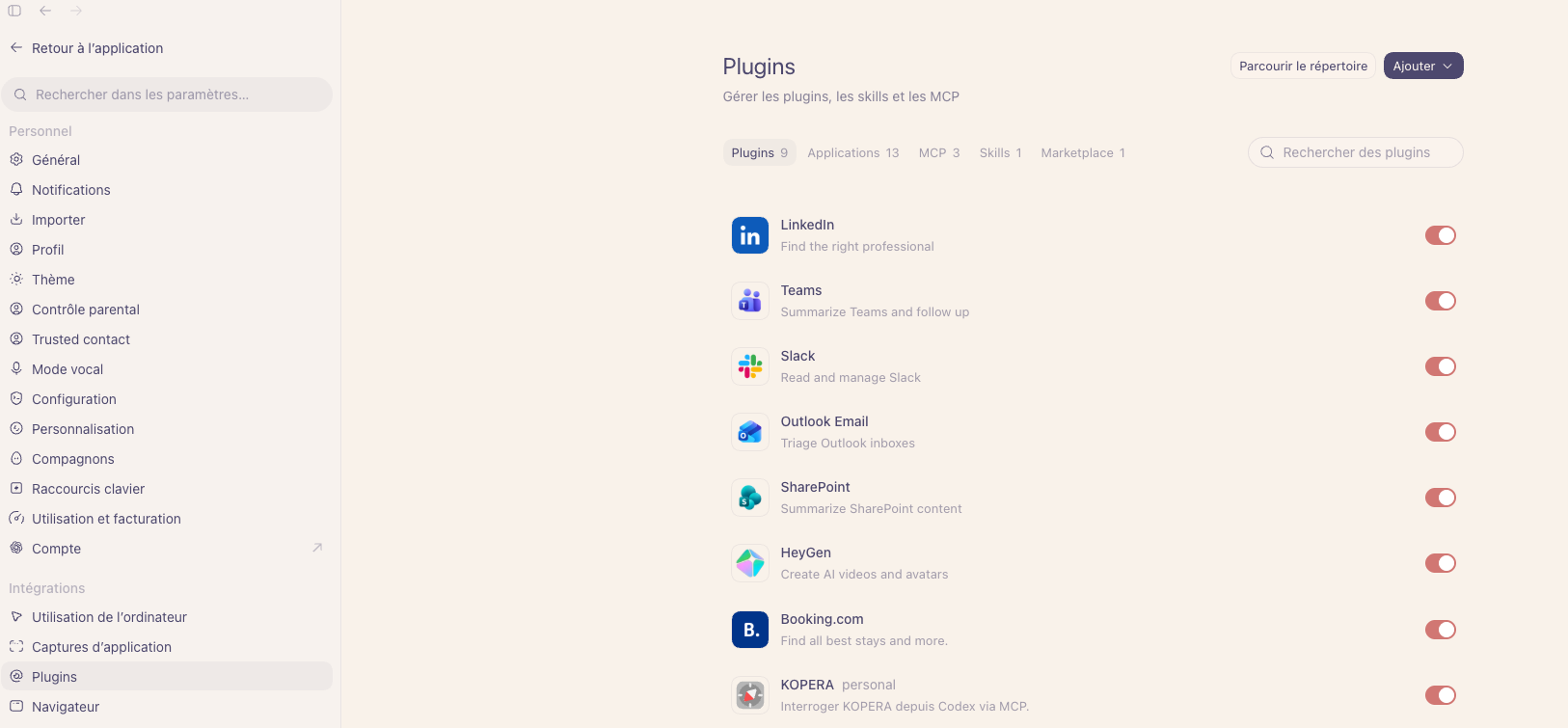 Page Plugins de Codex, entrée Plugins dans le menu de gauche
