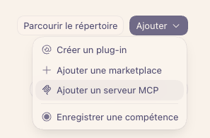 Menu Ajouter ouvert sur Ajouter un serveur MCP