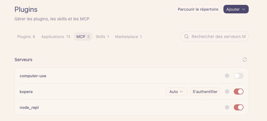 Onglet MCP des plugins Codex, ligne kopera avec le bouton S'authentifier